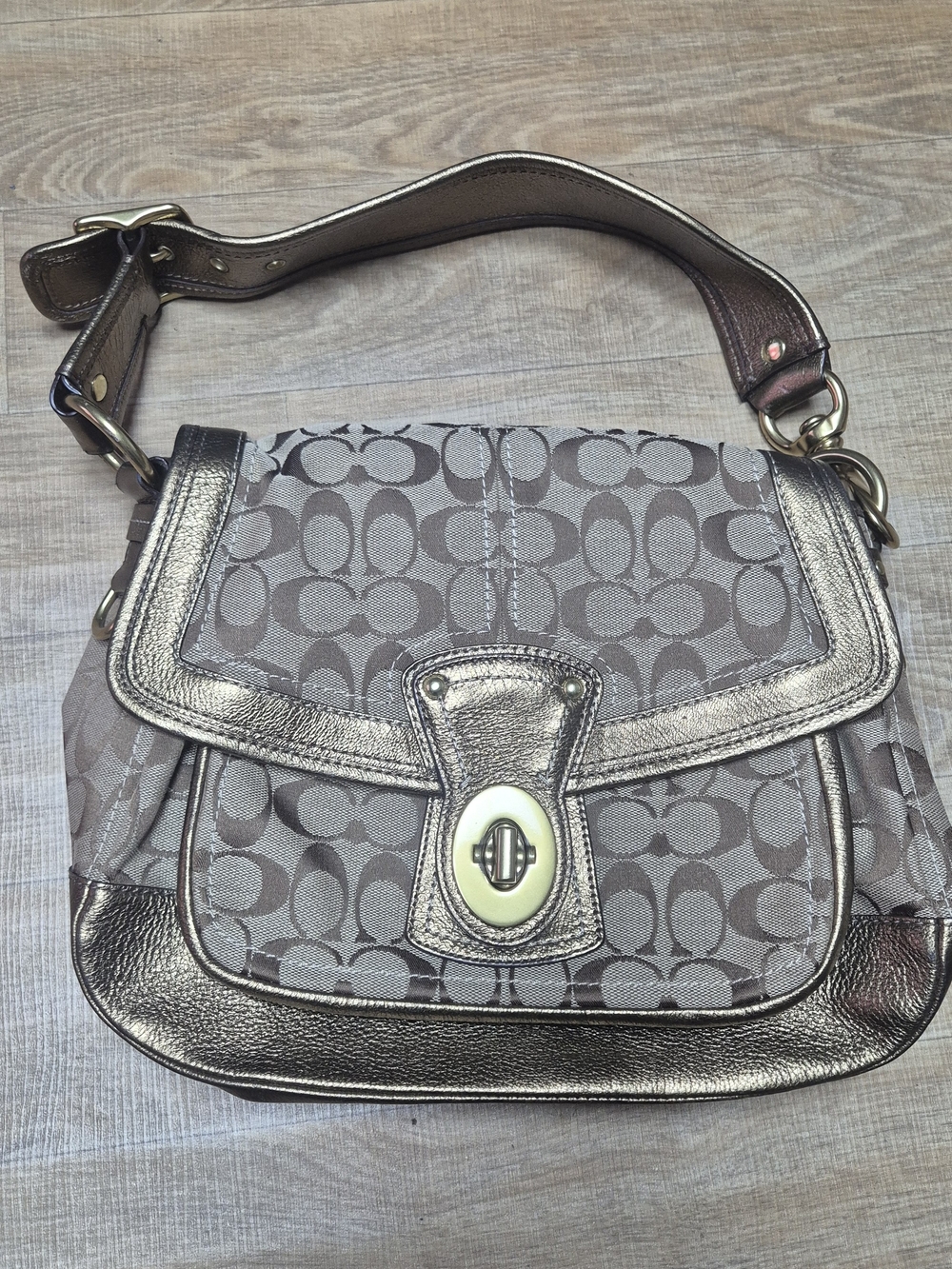 Coach Metallic Silver Signature Canvas Shoulder Bag